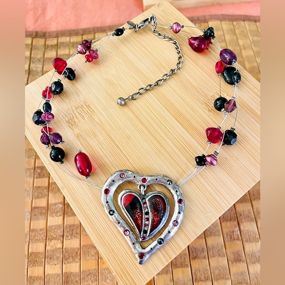 Chicos Red & Black Multi Strand Silver Heart Pendant Necklaces + Dangle Earrings - Picture 8 of 14
